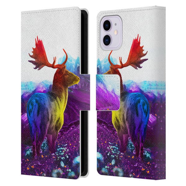 Dave Loblaw Animals Purple Mountain Deer Leather Book Wallet Case Cover For Apple iPhone 11