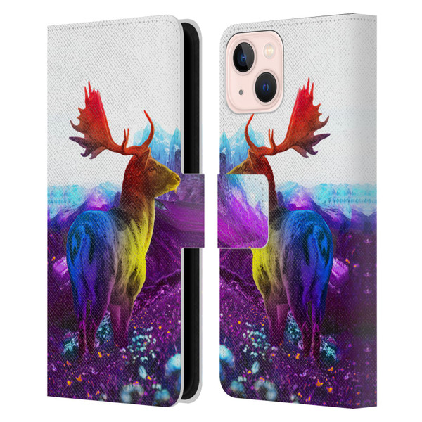 Dave Loblaw Animals Purple Mountain Deer Leather Book Wallet Case Cover For Apple iPhone 13