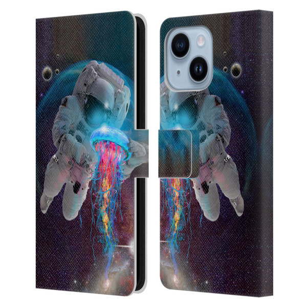 Dave Loblaw Jellyfish Astronaut And Jellyfish Leather Book Wallet Case Cover For Apple iPhone 14 Plus