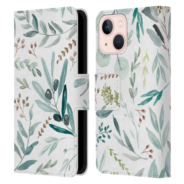 Anis Illustration Bloomers Eucalyptus Leather Book Wallet Case Cover For Apple iPhone 13 Mini