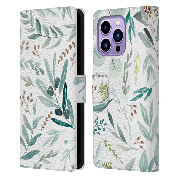 Anis Illustration Bloomers Eucalyptus Leather Book Wallet Case Cover For Apple iPhone 14 Pro Max