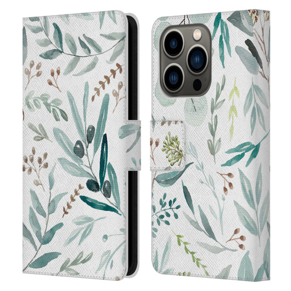 Anis Illustration Bloomers Eucalyptus Leather Book Wallet Case Cover For Apple iPhone 14 Pro