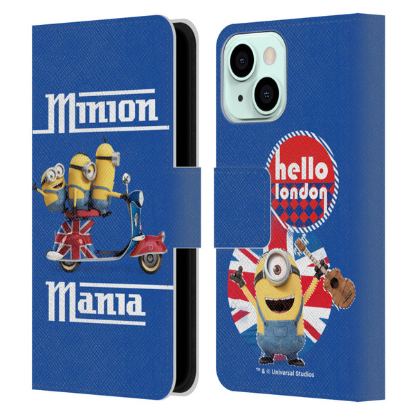Minions Minion British Invasion Union Jack Scooter Leather Book Wallet Case Cover For Apple iPhone 13 Mini
