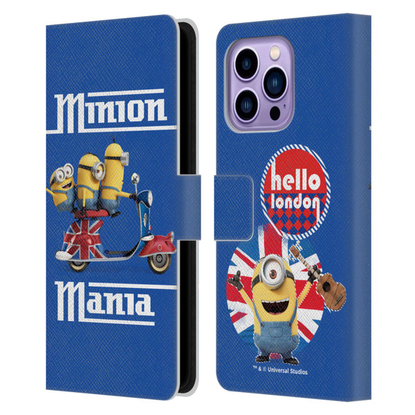 Minions Minion British Invasion Union Jack Scooter Leather Book Wallet Case Cover For Apple iPhone 14 Pro Max