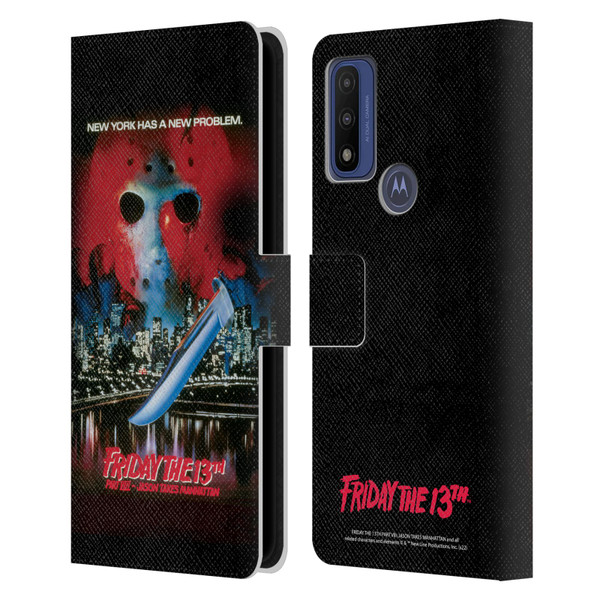 Friday the 13th Part VIII Jason Takes Manhattan Graphics Key Art Leather Book Wallet Case Cover For Motorola G Pure