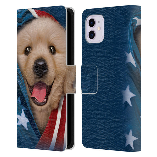Vincent Hie Canidae Patriotic Golden Retriever Leather Book Wallet Case Cover For Apple iPhone 11