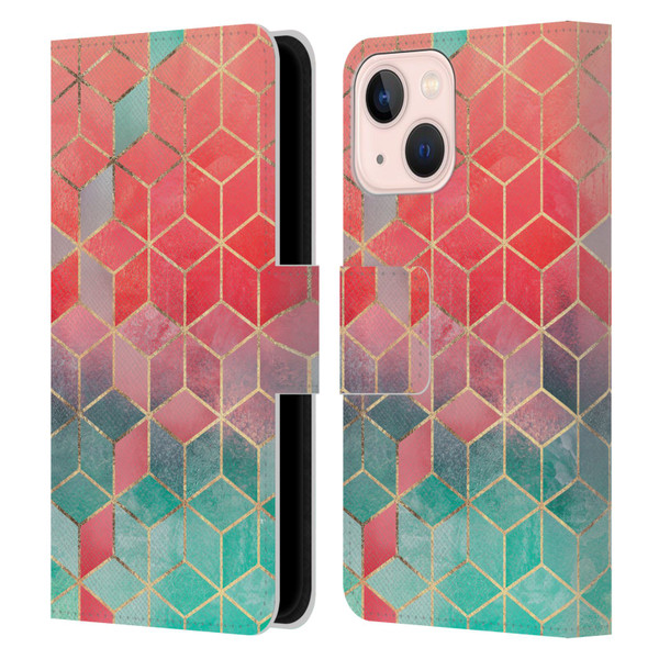 Elisabeth Fredriksson Cubes Collection Rose And Turquoise Leather Book Wallet Case Cover For Apple iPhone 13 Mini