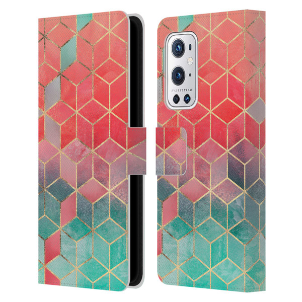 Elisabeth Fredriksson Cubes Collection Rose And Turquoise Leather Book Wallet Case Cover For OnePlus 9 Pro