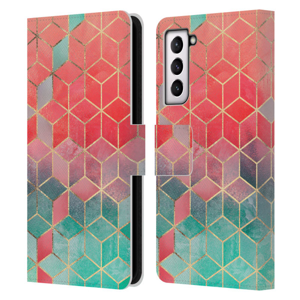 Elisabeth Fredriksson Cubes Collection Rose And Turquoise Leather Book Wallet Case Cover For Samsung Galaxy S21 5G