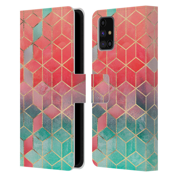 Elisabeth Fredriksson Cubes Collection Rose And Turquoise Leather Book Wallet Case Cover For Samsung Galaxy M31s (2020)
