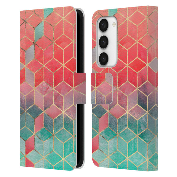 Elisabeth Fredriksson Cubes Collection Rose And Turquoise Leather Book Wallet Case Cover For Samsung Galaxy S23 5G
