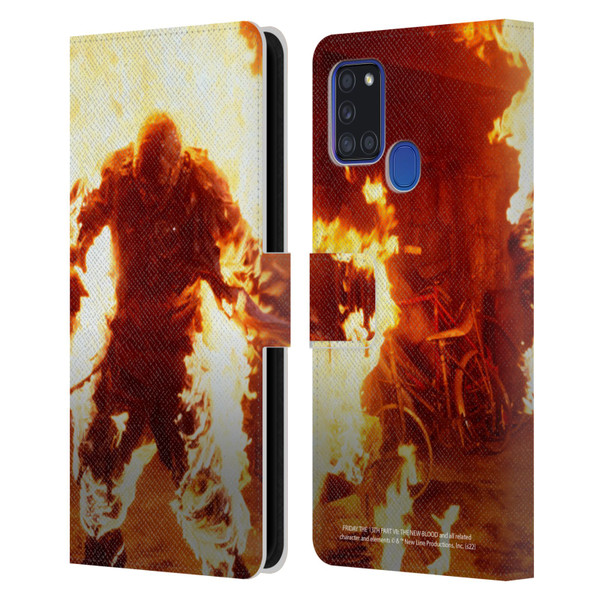 Friday the 13th Part VII The New Blood Graphics Jason Voorhees On Fire Leather Book Wallet Case Cover For Samsung Galaxy A21s (2020)