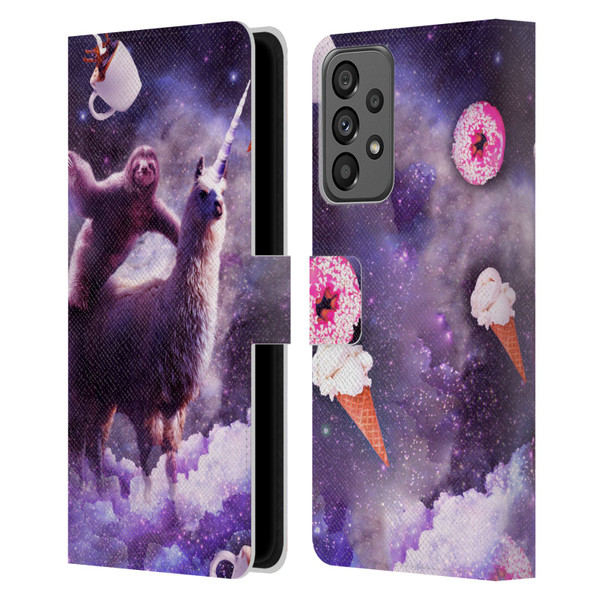 Random Galaxy Mixed Designs Sloth Riding Unicorn Leather Book Wallet Case Cover For Samsung Galaxy A73 5G (2022)