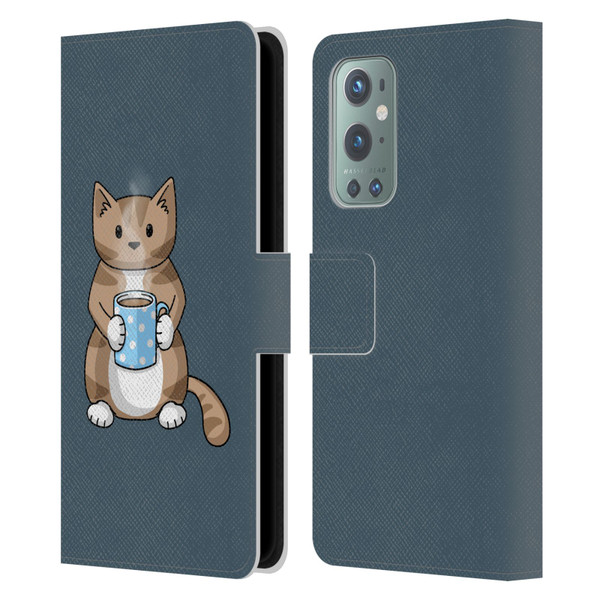Beth Wilson Doodlecats Coffee Drinking Leather Book Wallet Case Cover For OnePlus 9