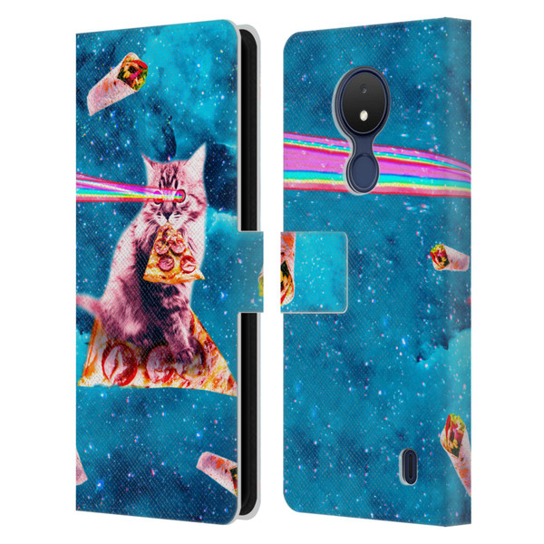 Random Galaxy Space Cat Lazer Eye & Pizza Leather Book Wallet Case Cover For Nokia C21
