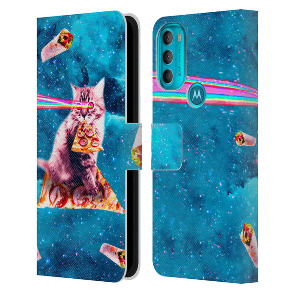 Random Galaxy Space Cat Lazer Eye & Pizza Leather Book Wallet Case Cover For Motorola Moto G71 5G