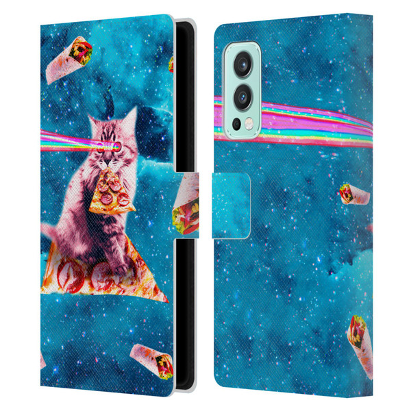 Random Galaxy Space Cat Lazer Eye & Pizza Leather Book Wallet Case Cover For OnePlus Nord 2 5G