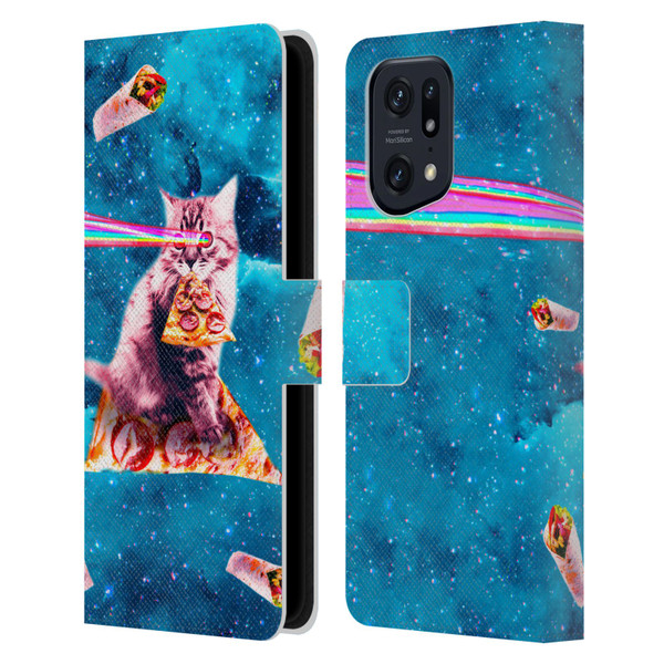 Random Galaxy Space Cat Lazer Eye & Pizza Leather Book Wallet Case Cover For OPPO Find X5 Pro