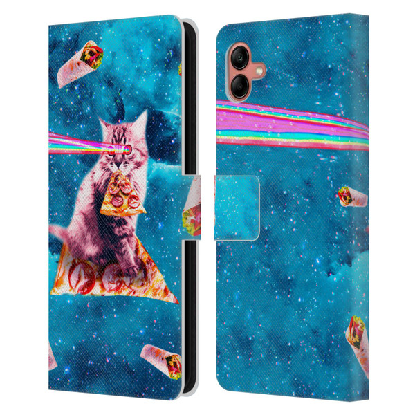 Random Galaxy Space Cat Lazer Eye & Pizza Leather Book Wallet Case Cover For Samsung Galaxy A04 (2022)