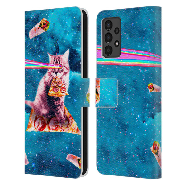 Random Galaxy Space Cat Lazer Eye & Pizza Leather Book Wallet Case Cover For Samsung Galaxy A13 (2022)