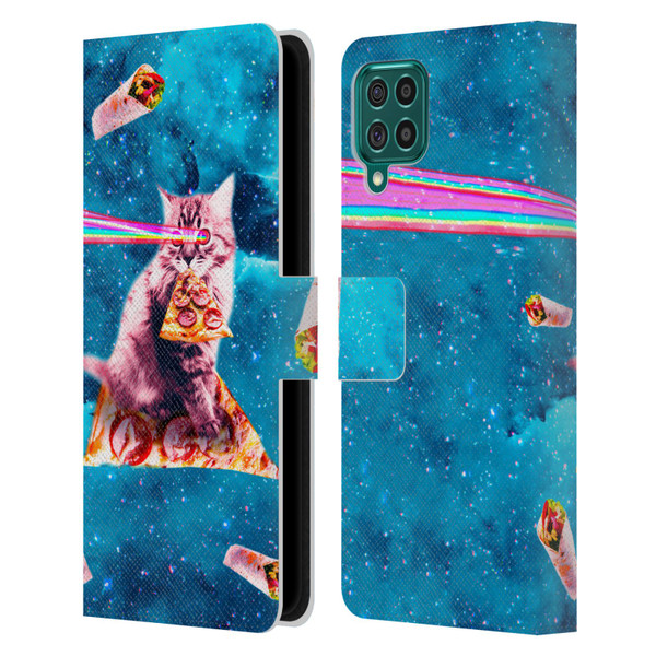 Random Galaxy Space Cat Lazer Eye & Pizza Leather Book Wallet Case Cover For Samsung Galaxy F62 (2021)