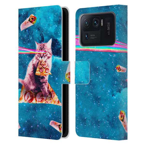 Random Galaxy Space Cat Lazer Eye & Pizza Leather Book Wallet Case Cover For Xiaomi Mi 11 Ultra