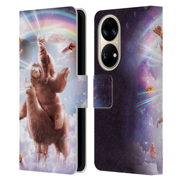 Random Galaxy Space Llama Sloth & Cat Lazer Eyes Leather Book Wallet Case Cover For Huawei P50