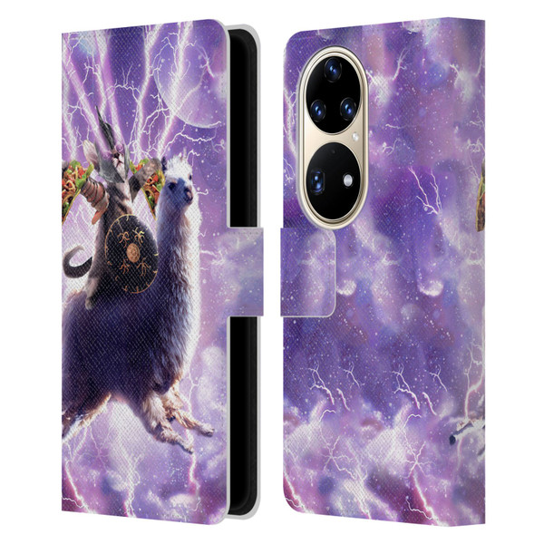 Random Galaxy Space Llama Lazer Cat & Tacos Leather Book Wallet Case Cover For Huawei P50 Pro