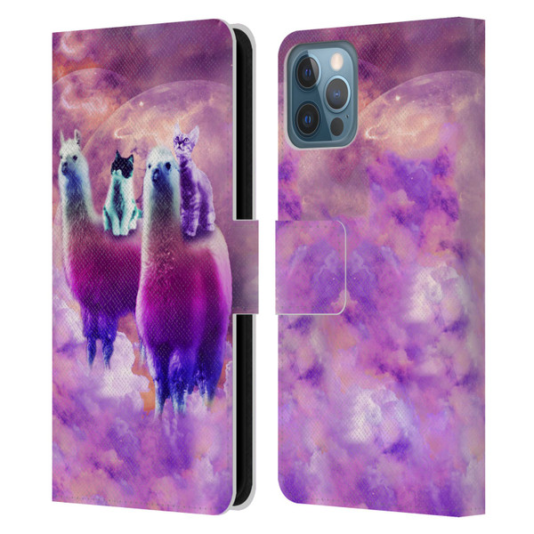 Random Galaxy Space Llama Kitty & Cat Leather Book Wallet Case Cover For Apple iPhone 12 / iPhone 12 Pro