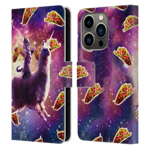Random Galaxy Space Llama Warrior Cat & Tacos Leather Book Wallet Case Cover For Apple iPhone 14 Pro