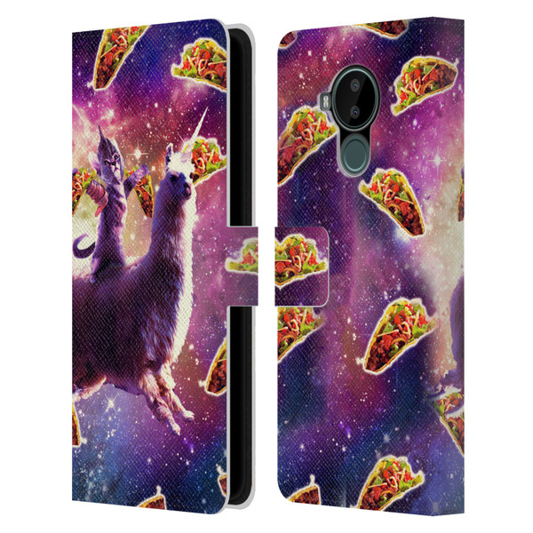 Random Galaxy Space Llama Warrior Cat & Tacos Leather Book Wallet Case Cover For Nokia C30