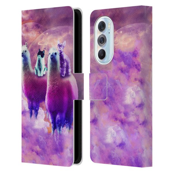 Random Galaxy Space Llama Kitty & Cat Leather Book Wallet Case Cover For Motorola Edge X30