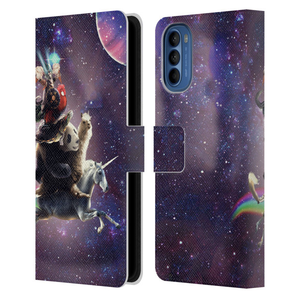 Random Galaxy Space Llama Unicorn Space Ride Leather Book Wallet Case Cover For Motorola Moto G41