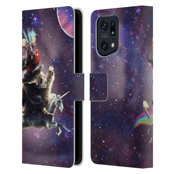 Random Galaxy Space Llama Unicorn Space Ride Leather Book Wallet Case Cover For OPPO Find X5 Pro