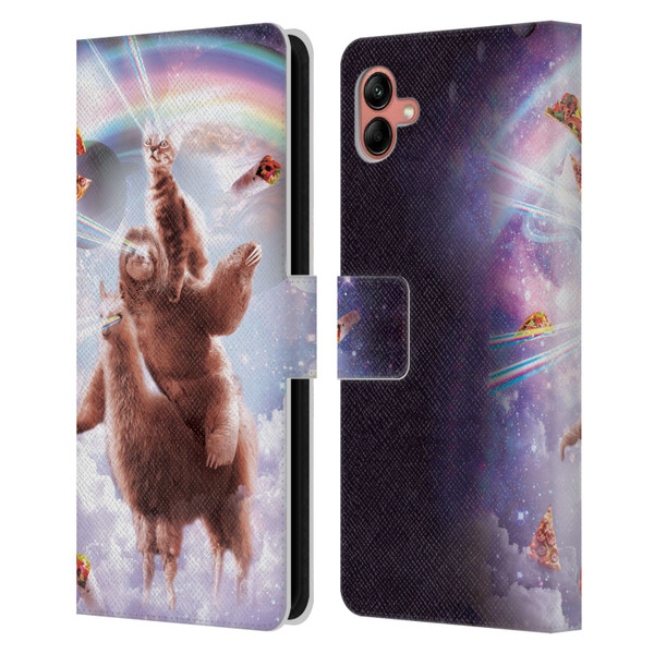 Random Galaxy Space Llama Sloth & Cat Lazer Eyes Leather Book Wallet Case Cover For Samsung Galaxy A04 (2022)