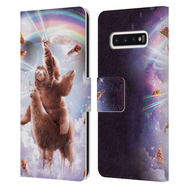 Random Galaxy Space Llama Sloth & Cat Lazer Eyes Leather Book Wallet Case Cover For Samsung Galaxy S10
