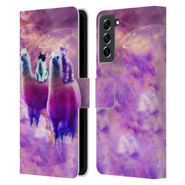 Random Galaxy Space Llama Kitty & Cat Leather Book Wallet Case Cover For Samsung Galaxy S21 FE 5G