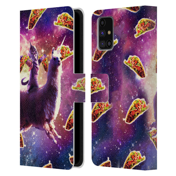 Random Galaxy Space Llama Warrior Cat & Tacos Leather Book Wallet Case Cover For Samsung Galaxy M31s (2020)