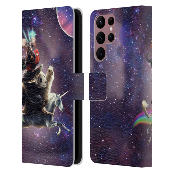 Random Galaxy Space Llama Unicorn Space Ride Leather Book Wallet Case Cover For Samsung Galaxy S22 Ultra 5G