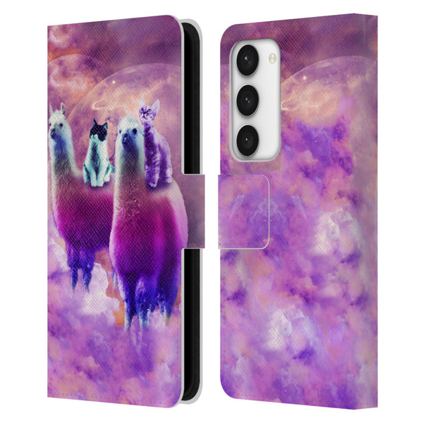 Random Galaxy Space Llama Kitty & Cat Leather Book Wallet Case Cover For Samsung Galaxy S23 5G
