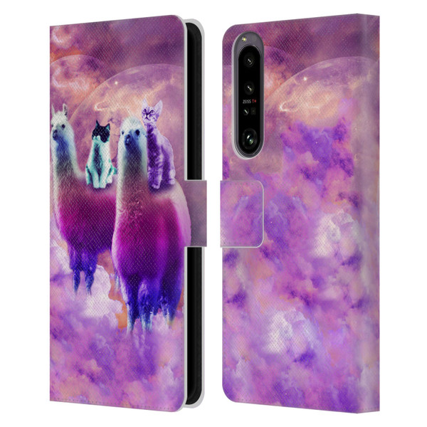 Random Galaxy Space Llama Kitty & Cat Leather Book Wallet Case Cover For Sony Xperia 1 IV