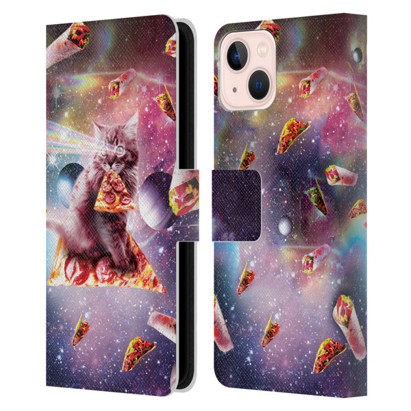 Random Galaxy Space Pizza Ride Outer Space Lazer Cat Leather Book Wallet Case Cover For Apple iPhone 13
