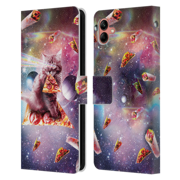 Random Galaxy Space Pizza Ride Outer Space Lazer Cat Leather Book Wallet Case Cover For Samsung Galaxy A04 (2022)