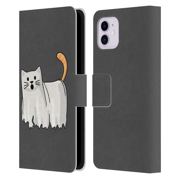 Beth Wilson Doodle Cats 2 Halloween Ghost Leather Book Wallet Case Cover For Apple iPhone 11