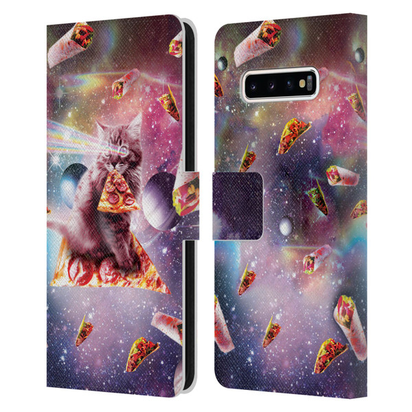 Random Galaxy Space Pizza Ride Outer Space Lazer Cat Leather Book Wallet Case Cover For Samsung Galaxy S10+ / S10 Plus