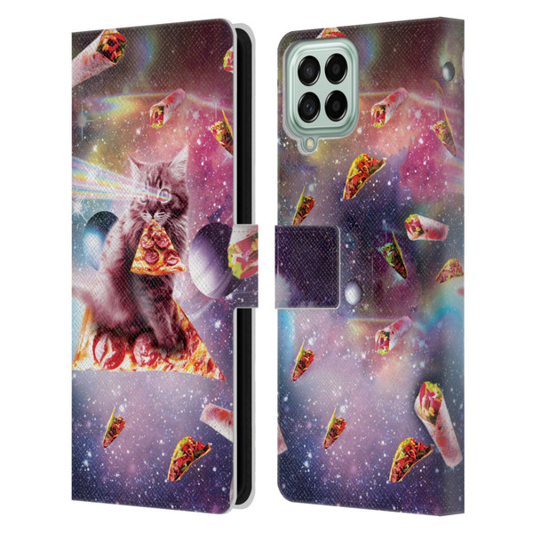 Random Galaxy Space Pizza Ride Outer Space Lazer Cat Leather Book Wallet Case Cover For Samsung Galaxy M53 (2022)