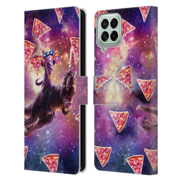Random Galaxy Space Pizza Ride Thug Cat & Dinosaur Unicorn Leather Book Wallet Case Cover For Samsung Galaxy M53 (2022)