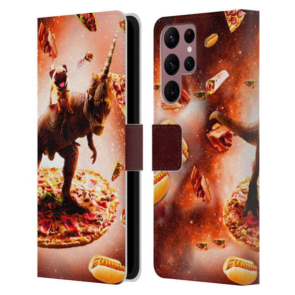 Random Galaxy Space Pizza Ride Pug & Dinosaur Unicorn Leather Book Wallet Case Cover For Samsung Galaxy S22 Ultra 5G