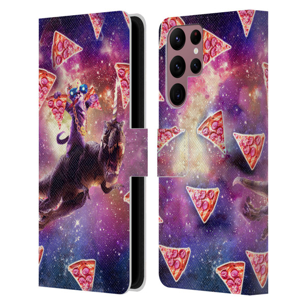 Random Galaxy Space Pizza Ride Thug Cat & Dinosaur Unicorn Leather Book Wallet Case Cover For Samsung Galaxy S22 Ultra 5G