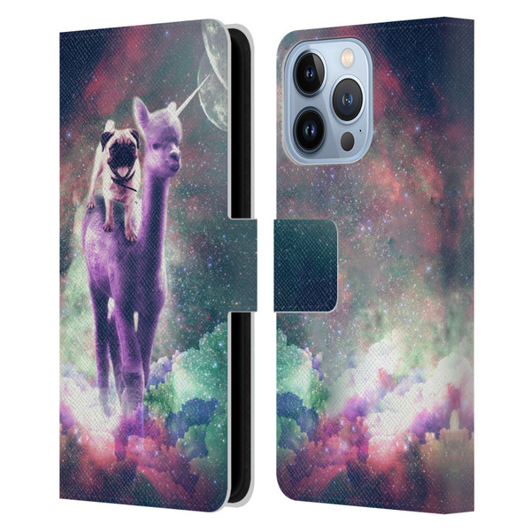 Random Galaxy Space Unicorn Ride Pug Riding Llama Leather Book Wallet Case Cover For Apple iPhone 13 Pro